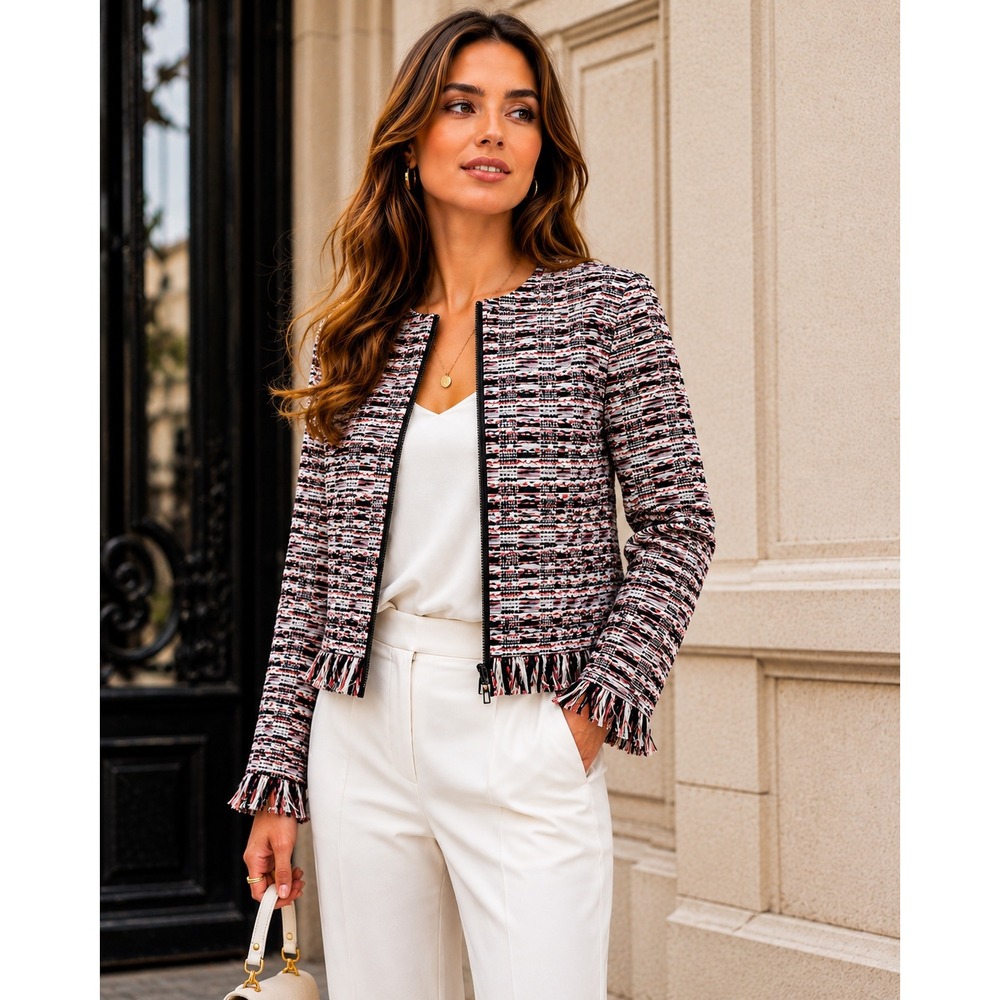 Emerson Rose Tweed Fringe Boxy Blazer Jacket Quiet Luxury Preppy Office Career L